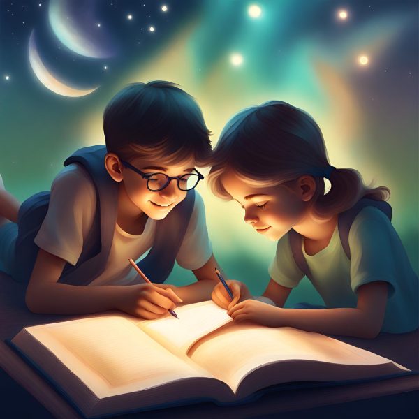 Crea un'immagine di due ragazzi di circa 17 anni, un maschio e una femmina che studiano